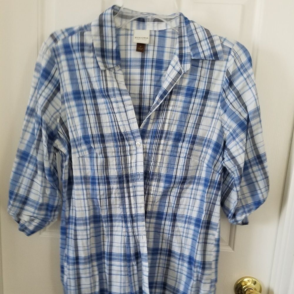 Sonoma Blue Plaid Casual Button Down Shirt w/ Tank Top Small Roll Tab Sleeves